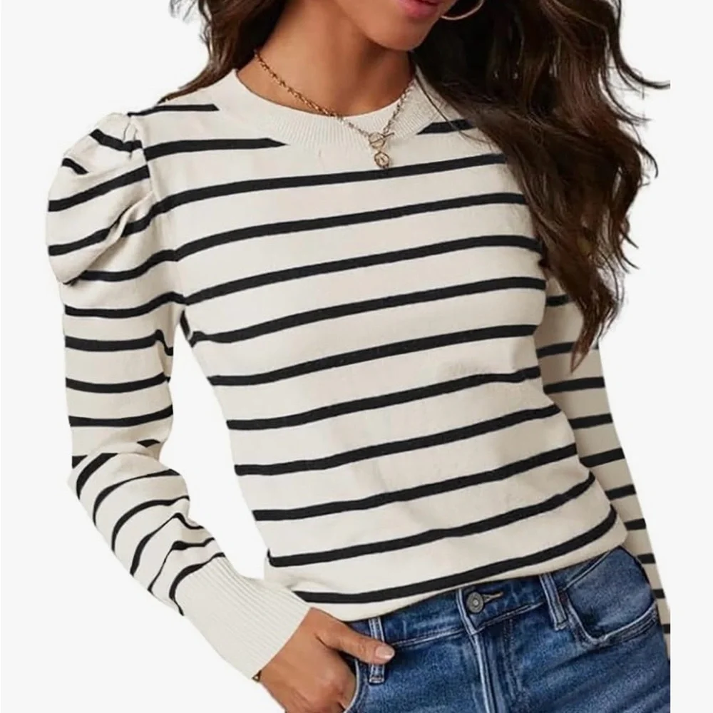 Elegant Striped Long Sleeve Top - Black & White - Picture 1 of 8